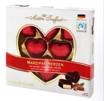 Конфеты марципановые сердца Maitre Truffout Marzipan Herzen в черном шоколаде 110 грамм 008182 фото