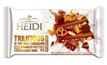 Шоколад Heidi Milk Trilicious молочный с кусочками брауни, арахисом и солеными крендельками 180 грамм 02814 фото