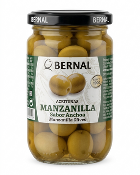 Оливки зеленые Bernal Manzanilla с косточкой со вкусом анчоусов 300 грамм 010040 фото