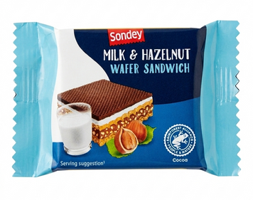 Вафли Sondey с молочно-ореховым кремом и кусочками фундука 12 шт 02942 фото