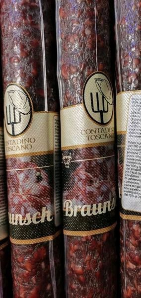 Колбаса Contadino Toscano Braunschweiger сырокопченая с крупным салом - говядина (45%) и свинина (55%) 430 грамм 013881 фото