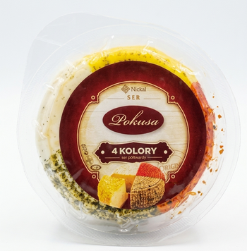 Сыр полутвердый Pokusa 4 Colors ассорти из четырех вкусов и цветов: чеснок (белый), травы (зеленый), куркума и сельдерей (желтый), паприка (красный) 350 грамм 014558 фото
