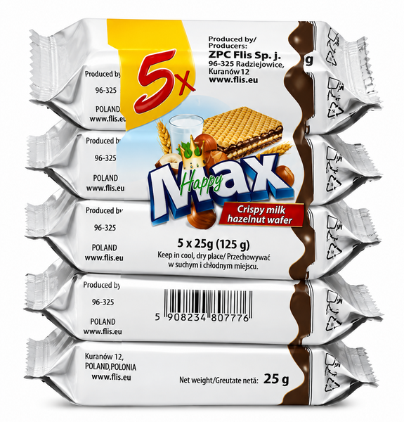 Вафлі Flis Happy Max з молочно-горіховою начинкою 5 шт 029054 фото
